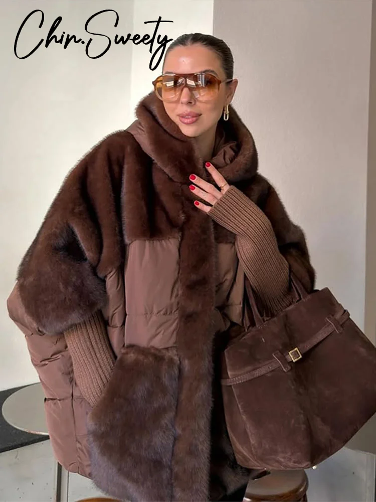 معطف نسائي غير رسمي منسوج من الفرو مع قلنسوة بأكمام كاملة معاطف فضفاضة ودافئة وسميكة للسيدات ملابس شتوية أنيقة جديدة لعام 2025