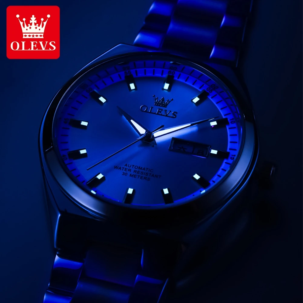 OLEVS Wristwatches Silver Gray Dial Automatic Mechanic Wrist Watch for Men Casual Sports Clock with Luminous relogios masculino