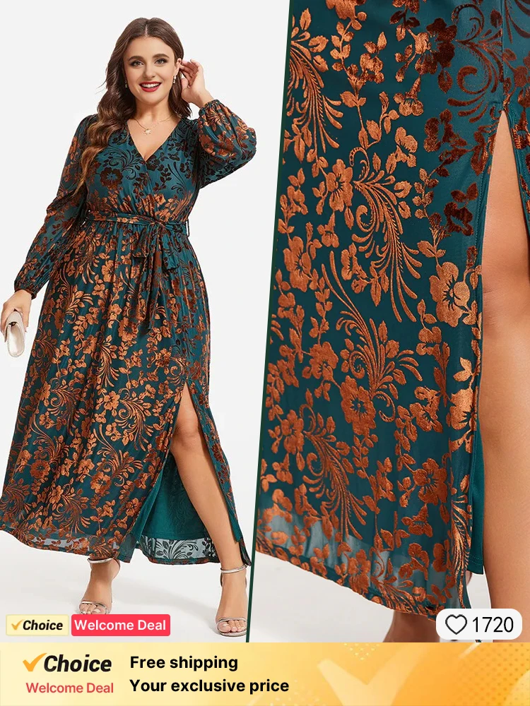 

2025 Green New Dress Elegant Velvet Printed Dress Sexy V-neck Party Evening Dress Fashion Large Size Long Sleeve Women's Dress