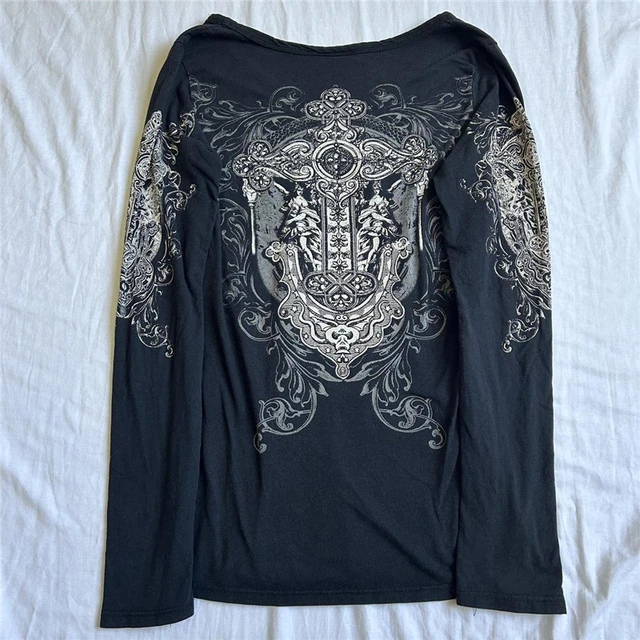 2000s Y2K Cyber Grunge Vintage T-shirt Graphic Print O Neck Long 