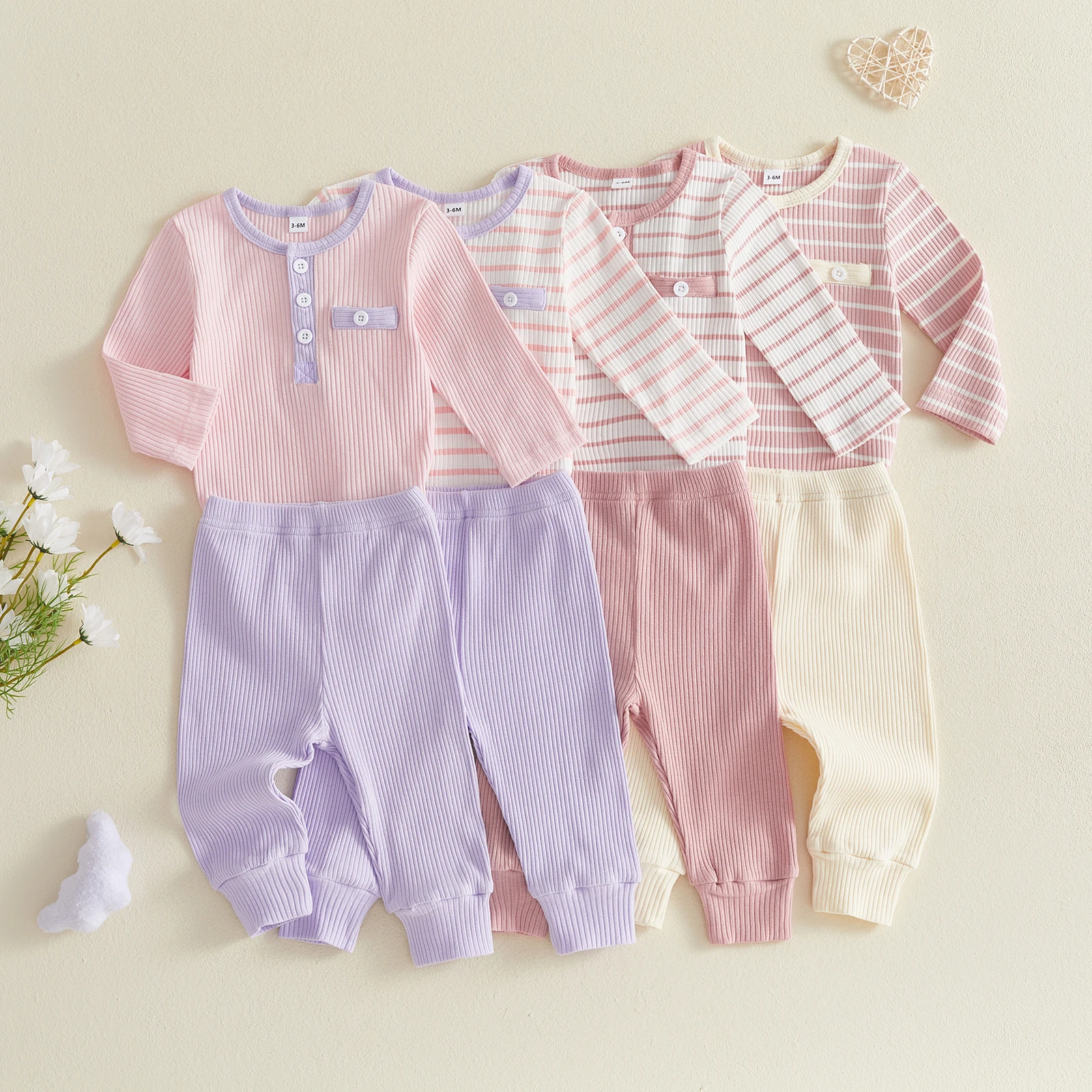 Baby Girl Fall Waffle Outfits Long Sleeve Crew Neck Striped Romper with Pants Autumn Baby's Sets
