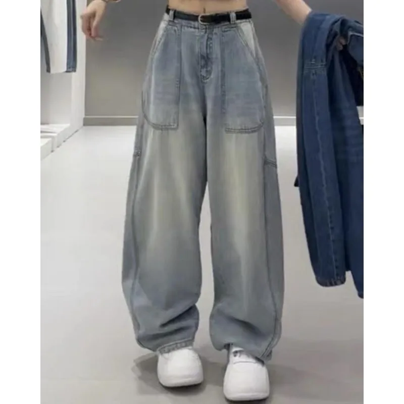 Loose High Waist Denim Jeans American Lazy Loose Feeling Women's plus Size Cover Hip Slimming Wide Leg Pants Blue