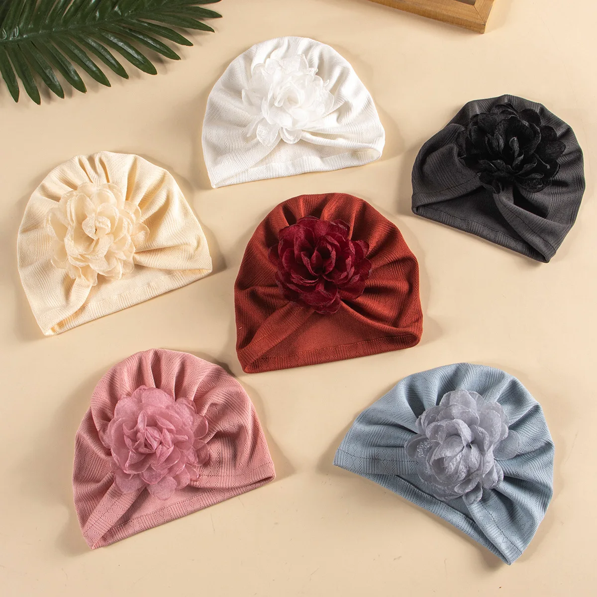 Baby Turban Hats Girls Flower Cable Knit Hat Newborn Fontanel Protection Beanies Kids Hair Accessories Indian Cap Muslim Caps