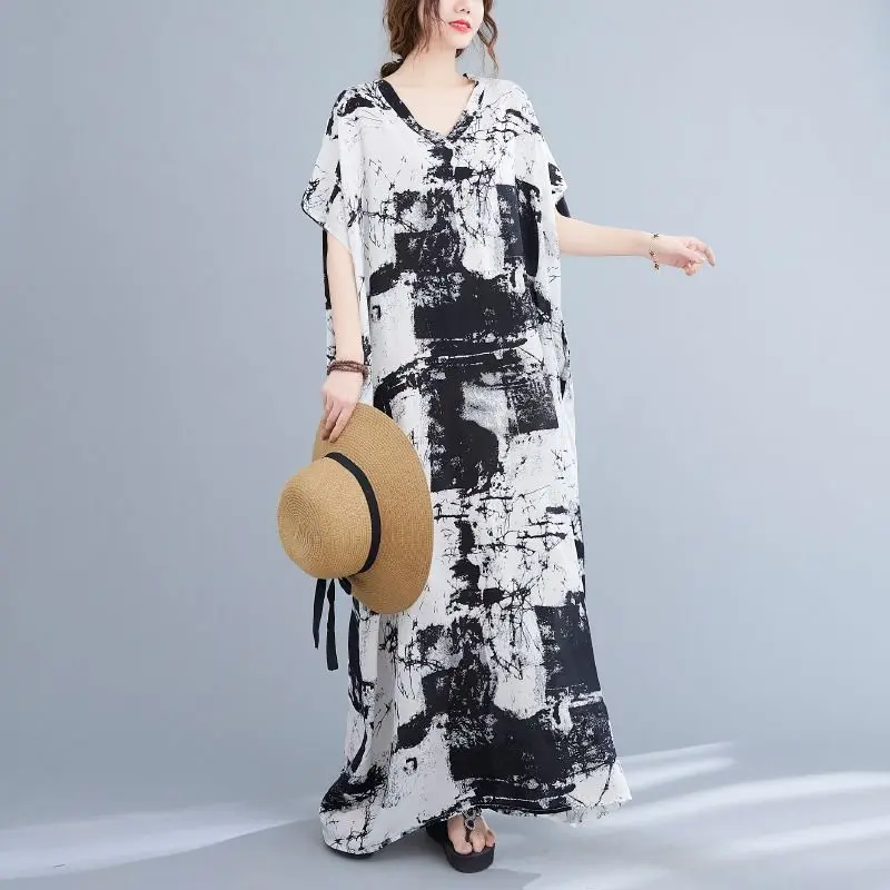 Women\'s Stylish Vintage Print Oversized Short Sleeve Casual Long Dresses Summer V Neck Boho Vacation Beach Maxi Dress Robe Femme