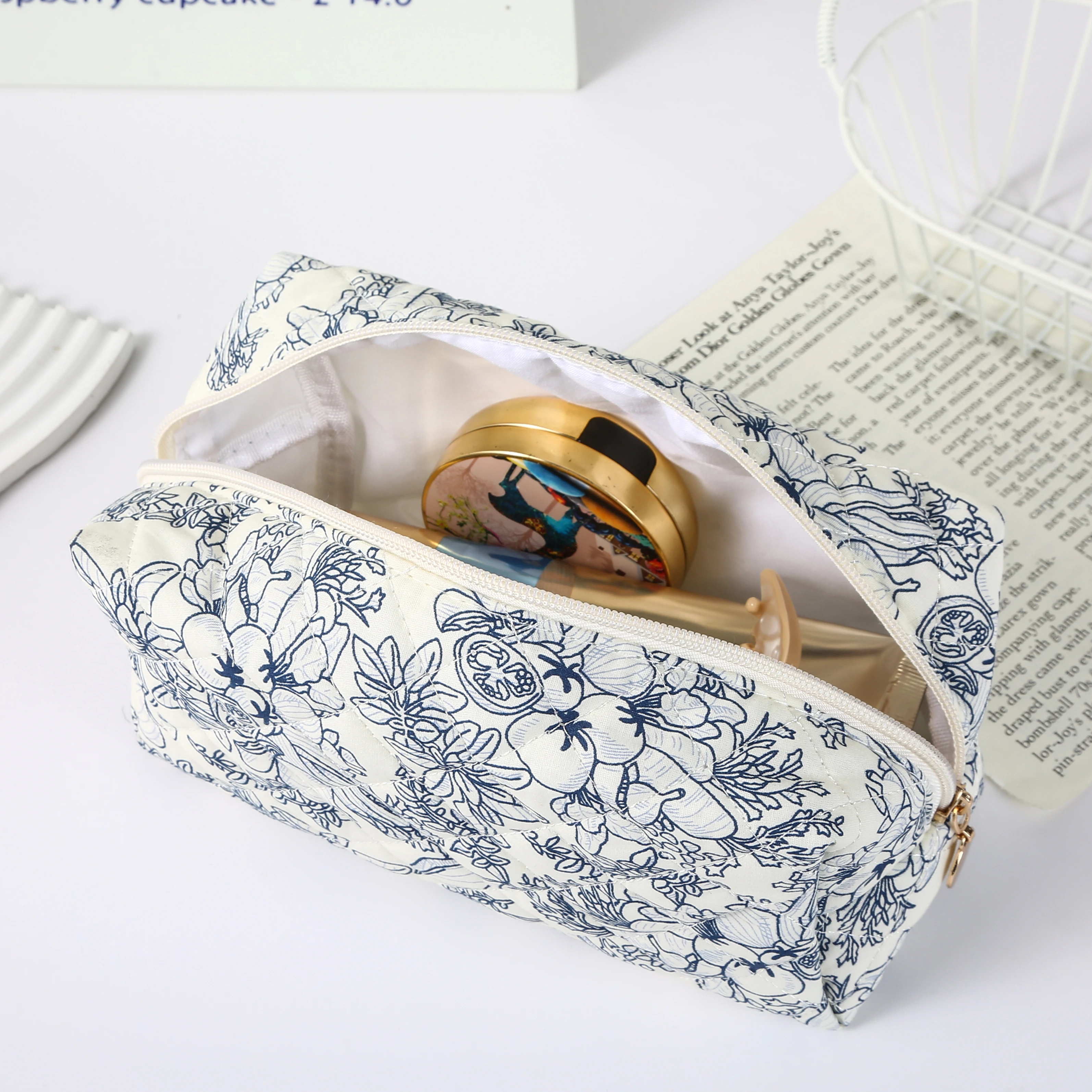Floral Makeup Bag Large Capacity Cute Flowers Instagram Travel Storage Portable Quilted Cotton Bow Toiletry Bag
