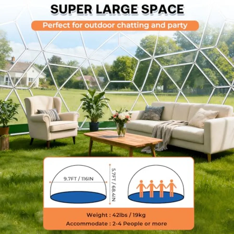 10Feet Garden Dome Tent for 2-4, Clear Bubble Tent House with PVC Clear Cover, Geodesic Dome house with Ventilated Window, 2×33