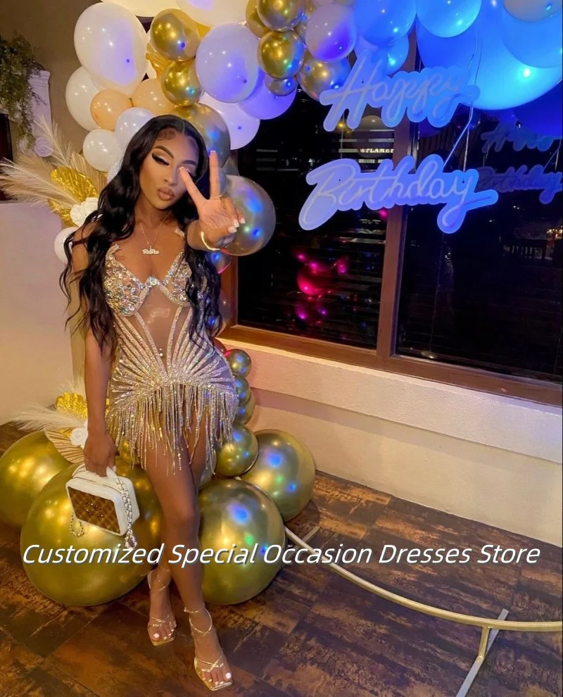 Brilho frisado borla mini vestidos de baile para meninas africanas luxuoso cristal vestidos de festa de aniversário 2025 vestido de cocktail personalizado