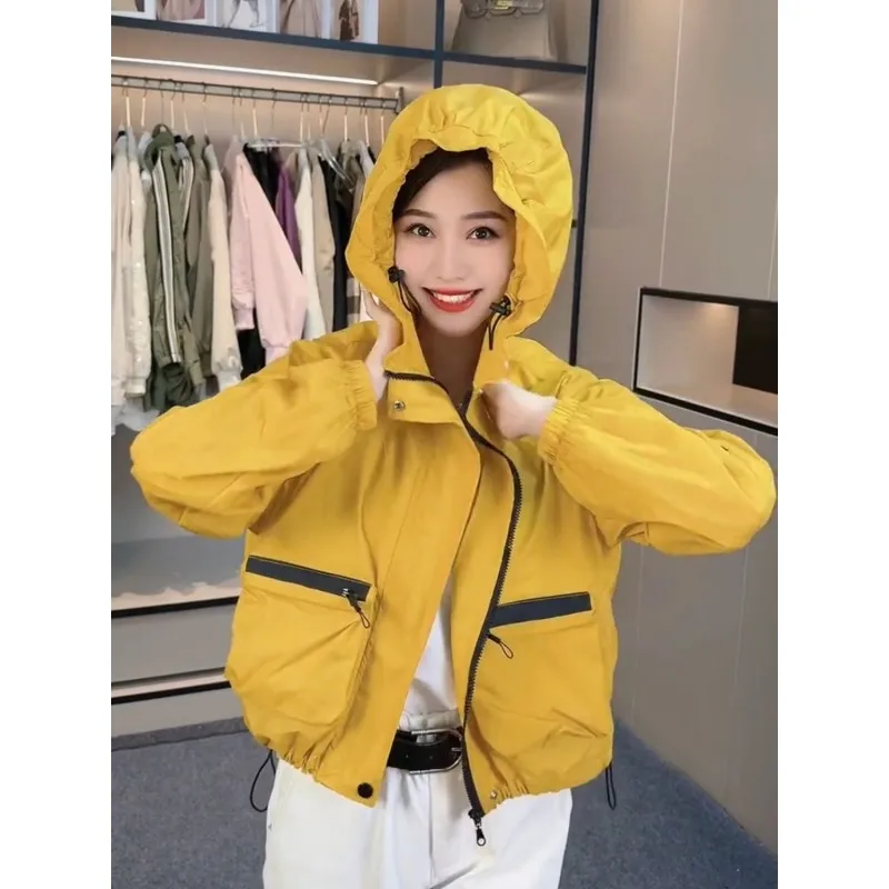 Zipper Sweatshirt Jacket Thin Coat Summer New Fashion Sunscreen Tops Women Large Pocket Patchwork Color Drawstring Hooded