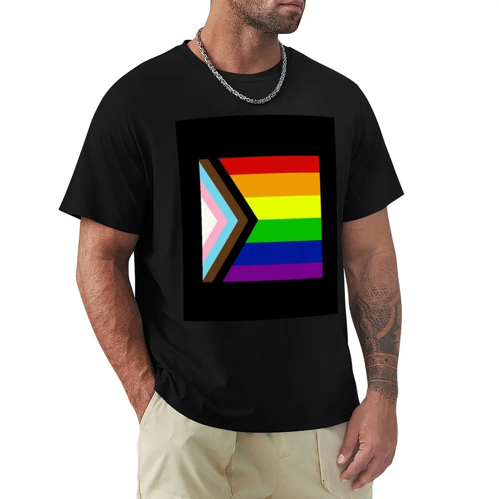 

Progress Pride Flag T-Shirt summer tops T-shirts man Men's clothing