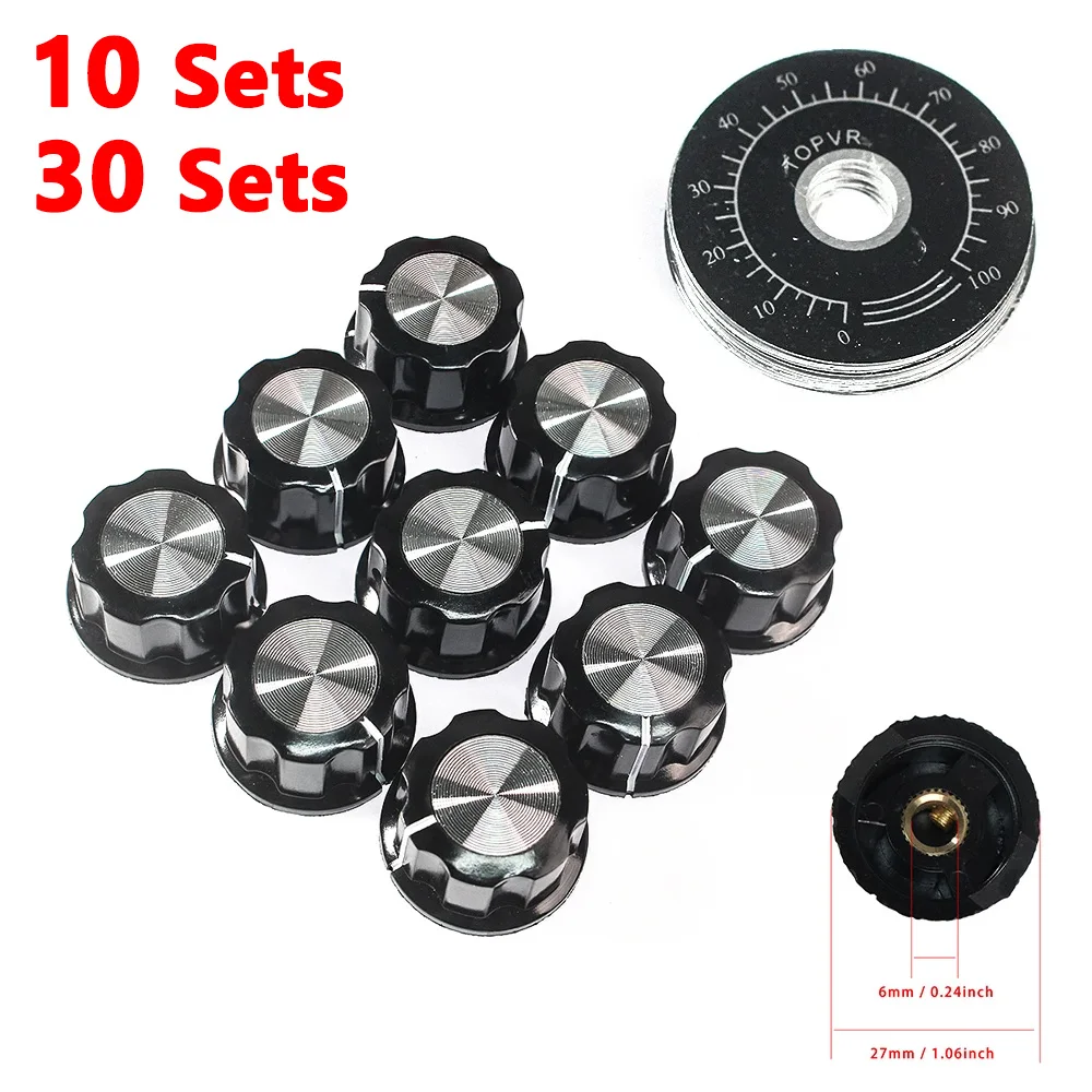 10/30 Sets Potentiometer Knob Kit 6mm MF-A03 Dial Knob + MF-A03 Bakelite Knob with 0-100 Scale Plate Sheet Scale Digital Set