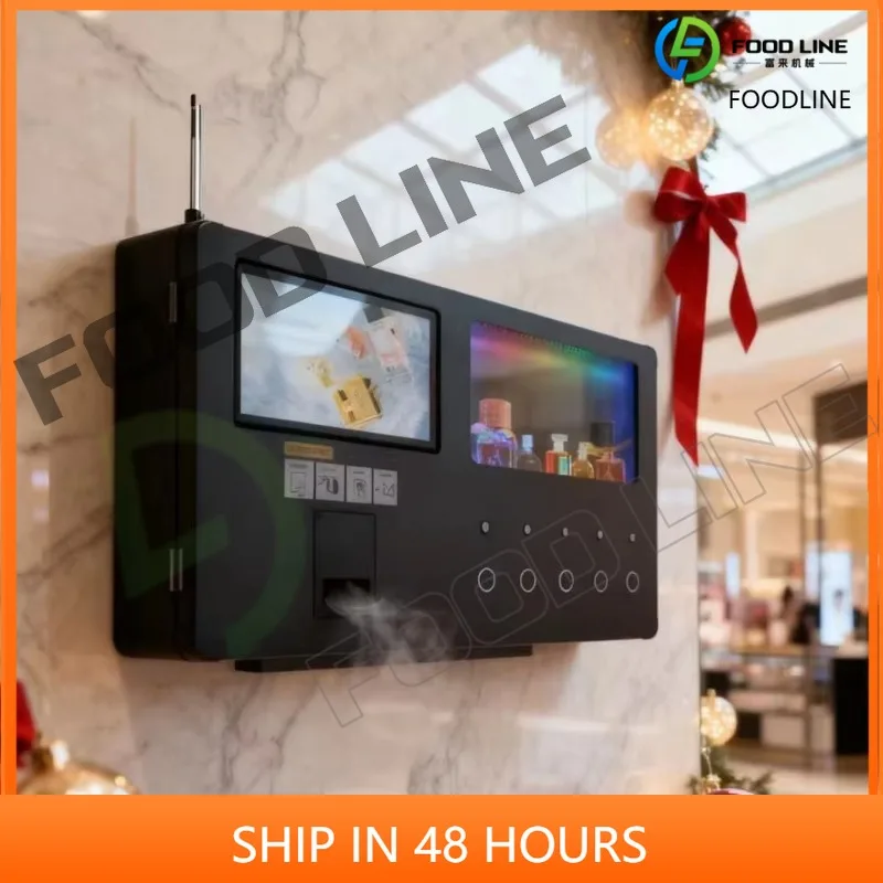 Customizable Small Wall-mounted Automatic Perfume Vending Machine Is Equipped with Inch Touch Screen To Display Product Details.
