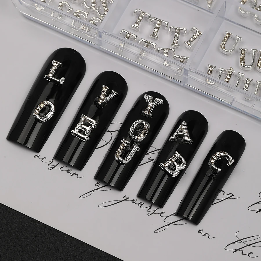 Trendy Mixed 3D Alloy Rhinestone 26 Alphabet Nail Charms Simple Silver Color A-Z English Letter Custom Nail Art DIY Accessories
