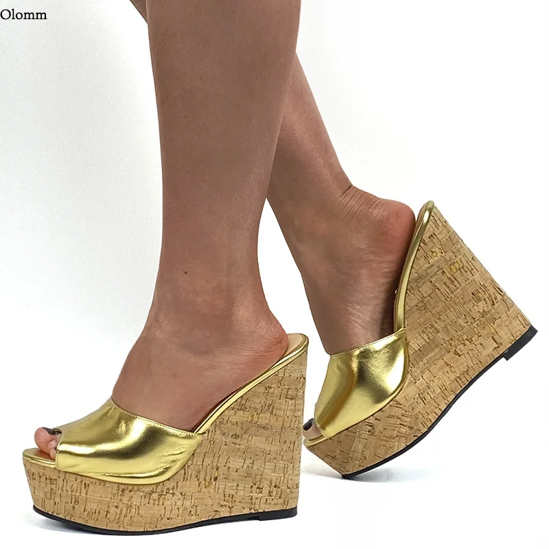 

Olomm 2021 Fashion Women Platform Mules Sandals Sexy Wedges High Heels Open Toe Gold Night Club Shoes Women US Plus Size 5-20