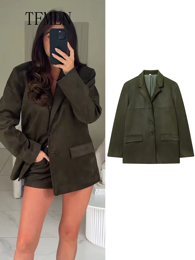

TFMLN 2025 осенний женский однотонный пиджак, модные офисные женские однобортные пальто с карманами, повседневная уличная одежда в стиле ретро с надрезами