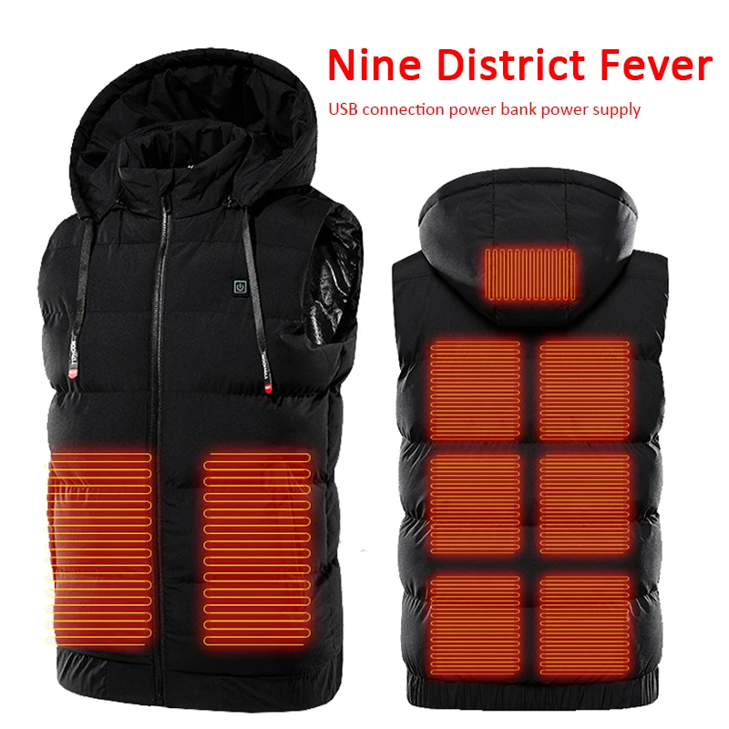 Winter Electric Heated Hooded Vest Thermal Waterproof USB Charging Vest Adjustabe Heating Warmer Pad Hiking Warm Jacket