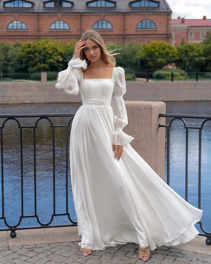 Simples vestido de casamento branco manga longa quadrado pescoço volta rendas até vestido de noiva até o chão praia vestidos de casamento novia