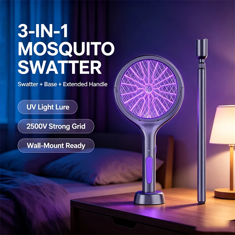 2026 Rotating Electric Mosquito Swatter Telescopic Handle Electric Mosquito Swatter Long Battery Life Charging USB