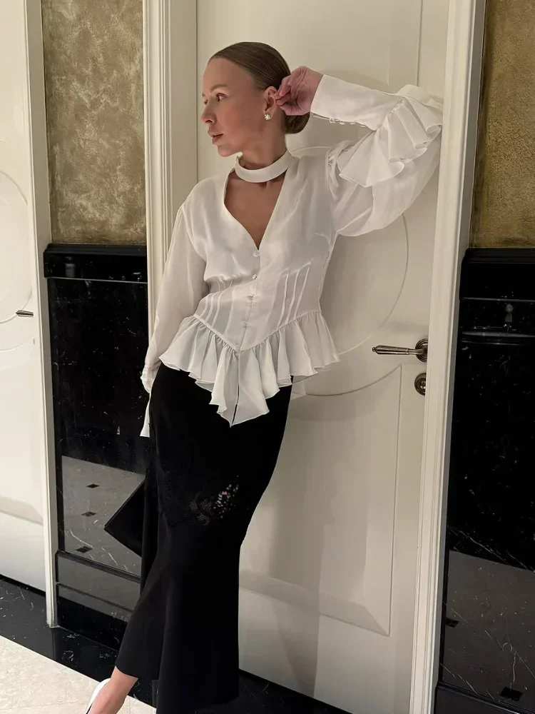 

Chic White Ruffle Shirt Women Elegant V-neck Single Breasted Long-sleeved Waist Cinching Blouse 2026 New Commute Office Shirts
