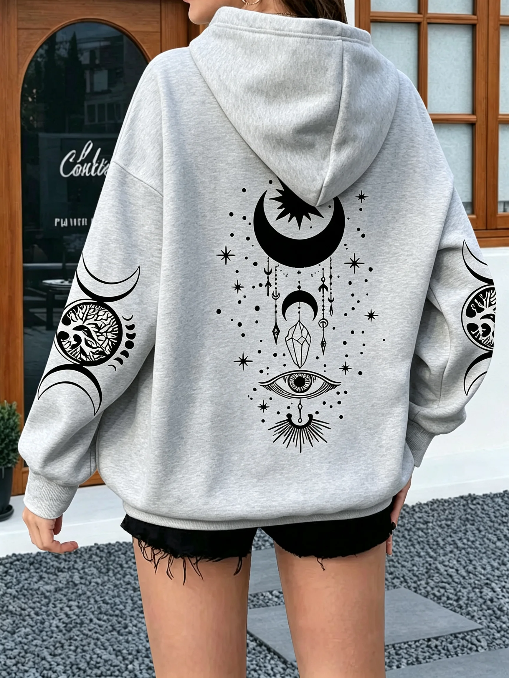 Plus-size women's Day and Moon Stars Bohemian Star-Moon Crystal Magic Eye Light Purple Loose Hooded Sweatshirt  hoodies women