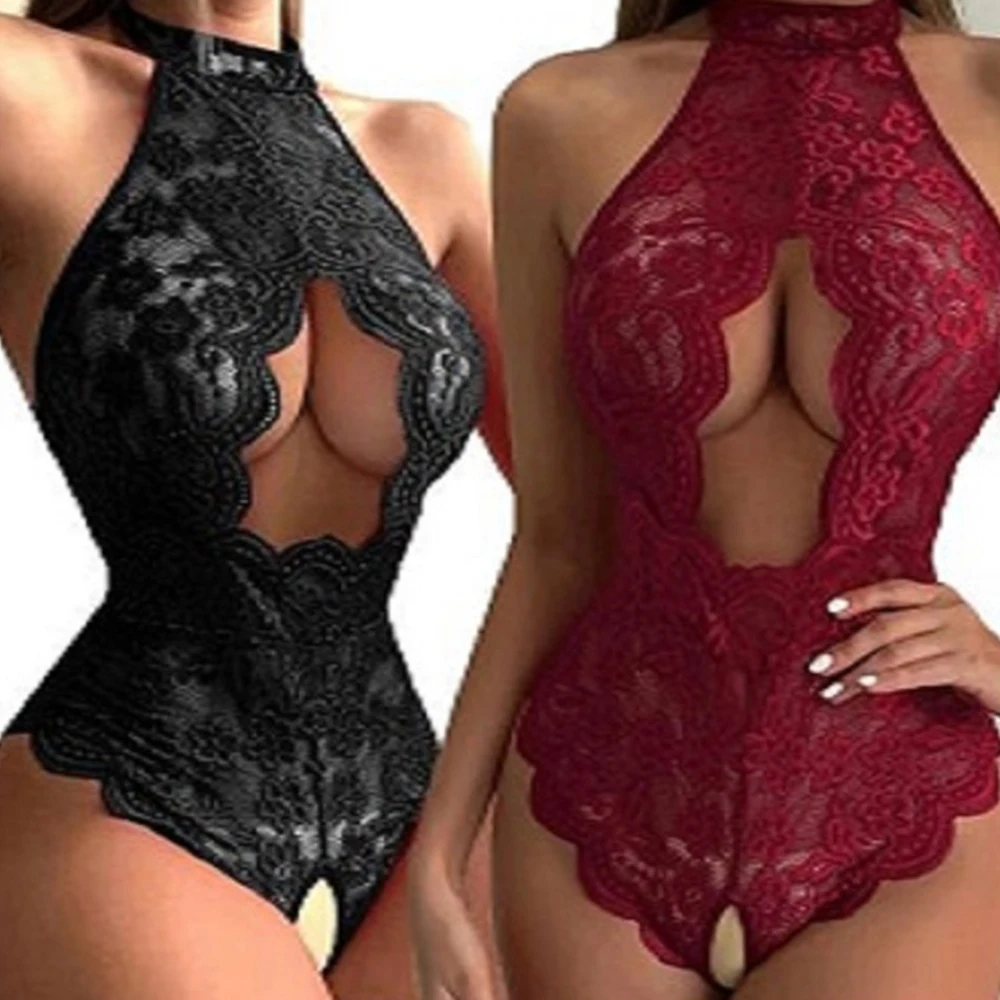 

Women's Lace Bodysuit Lingerie Set Push Up Bra Cross Straps One Piece Transparent Sleepwear Nightgown
