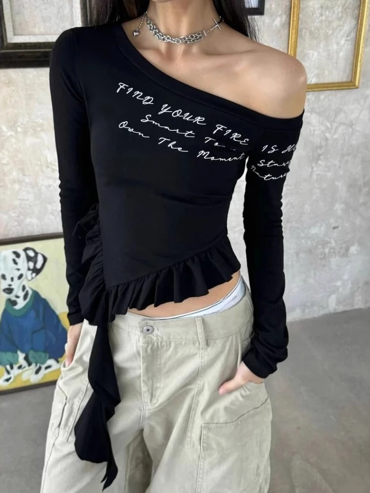 

Y2k Aesthetics Letter Printing Vintage T-shirt Streetwear Slash Neck Cropped Grunge Tees Harajuku Irregular Ruffled Bodycon Tops