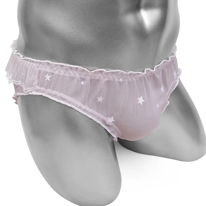 Sexy Men's Sissy Panties Sheer Mesh Ruffled Briefs Femboy Crossdresser Lingerie Angel Wings Bow Star Print Cosplay Underwear