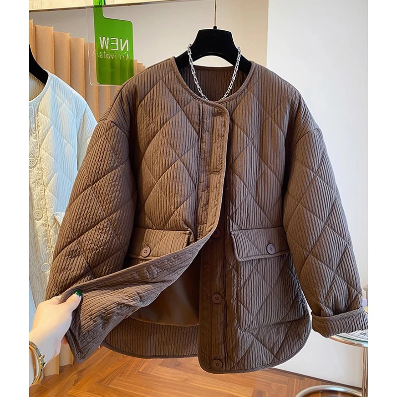 Warm Diamond Check Jacket Quilted Korean Fashion Single-Breasted Cotton Padded Coats Autumn Winter Outwear Clothes