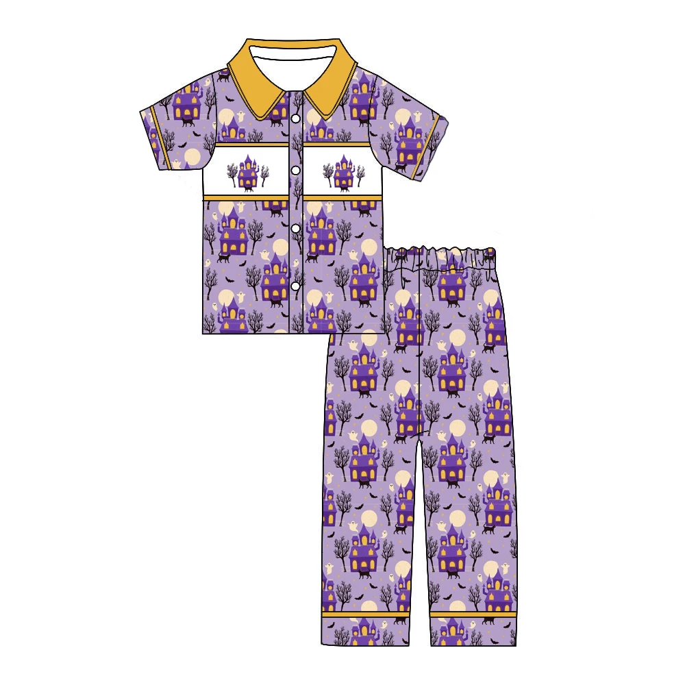 Halloween Boutique Children's Pajama Suit Short Sleeve Long Pants Bat Print Lapel Girls And Boys