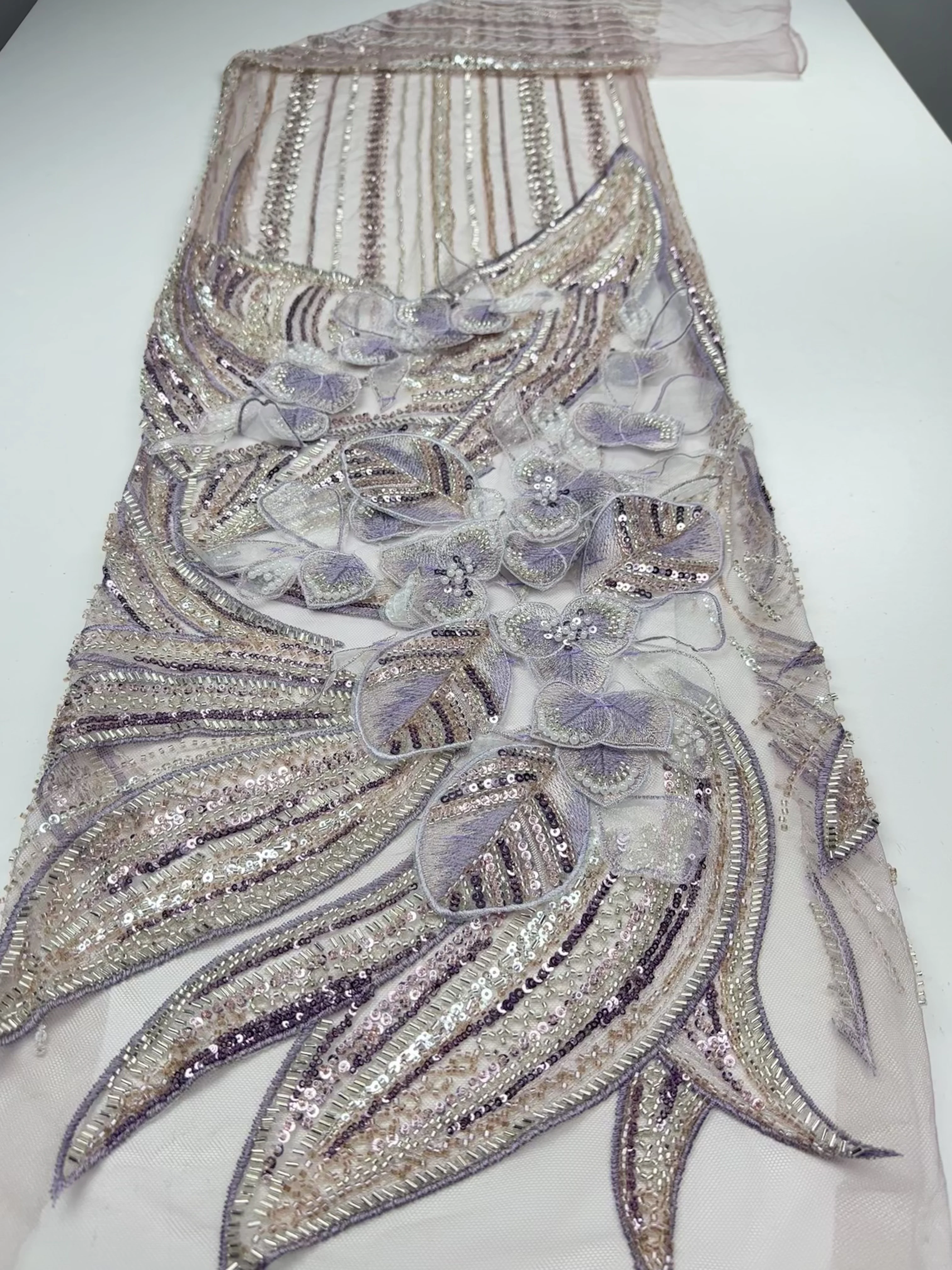 Latest French 3D Flower Lace Fabric African Nigerian Beaded Sequins Embroidered Lace Fabric for Wedding Party Dress