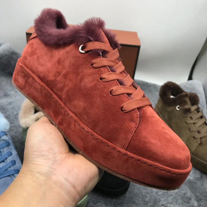 Multicolor Suede One-pedal Furry Shoes for Women Lace Up Low Top Women Warm Walk Shoes Thick Wool Winter Fur Sneakers