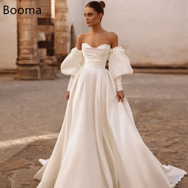 

Booma A-Line Strapless Pleat Flower Satin Simple Wedding Dresses Long Satin Ivory Elegant Brides Gown Custom Made 2025