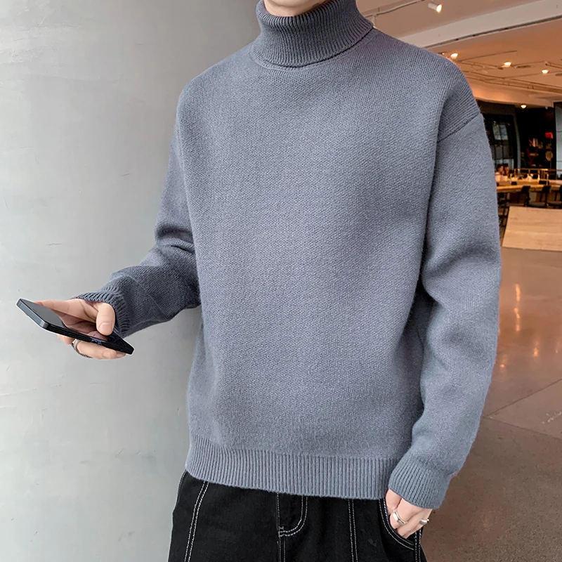 Men's Clothing Autumn Winter High-neck Screw Thread Solid Color Pullover Sweater Knitted Long Sleeve Casual High Street Tops