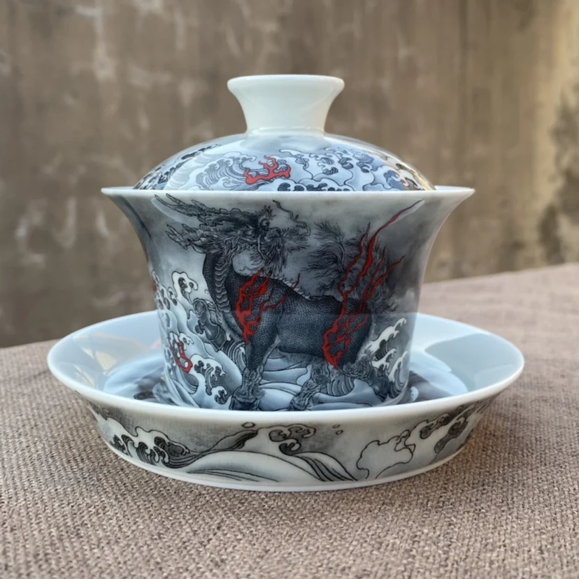 Handmade Jingdezhen Ink Color KIRIN Antique Mud Horseshoe Gaiwan Tea Drinking Cup Single Kung Fu Set Brewing Bowl with Lid