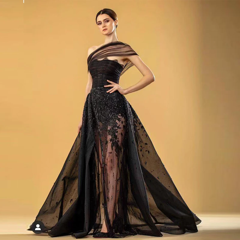 2134 Sexy Black Off The Shoulder Lace Appliques Skrit vestidos de noche vestidos de galaevening dresses فستان العيد