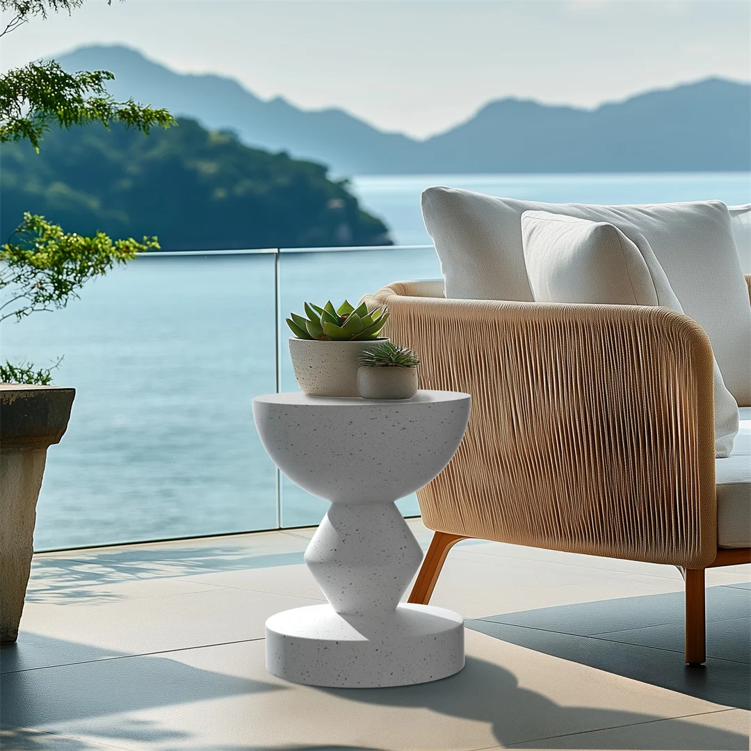 Modern White Lightweight Concrete Side Table Accent End Table for Living Room Bedroom Sofa