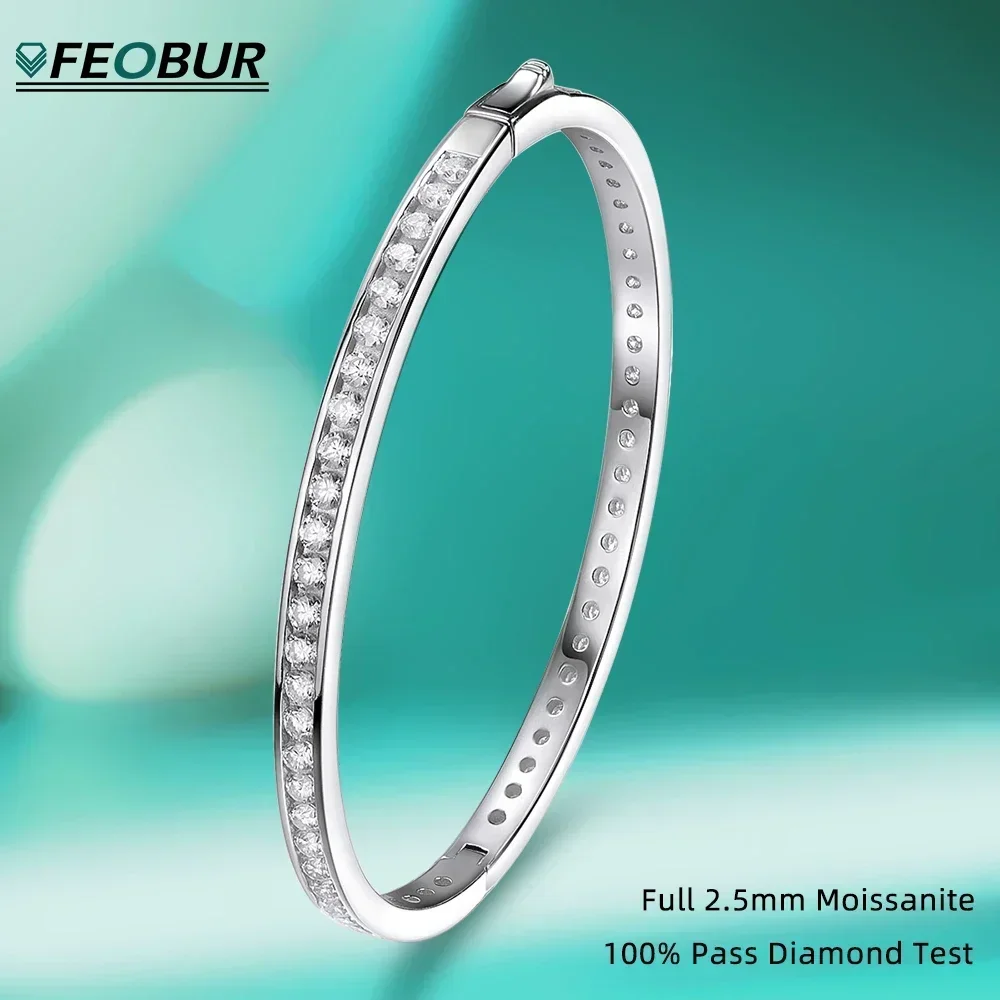 FEOBUR 2.5mm Full Moissanite Bangle Bracelet for Women Sparkling Diamond Sterling Silver 925 Buckle Bracelets Certified Jewelry