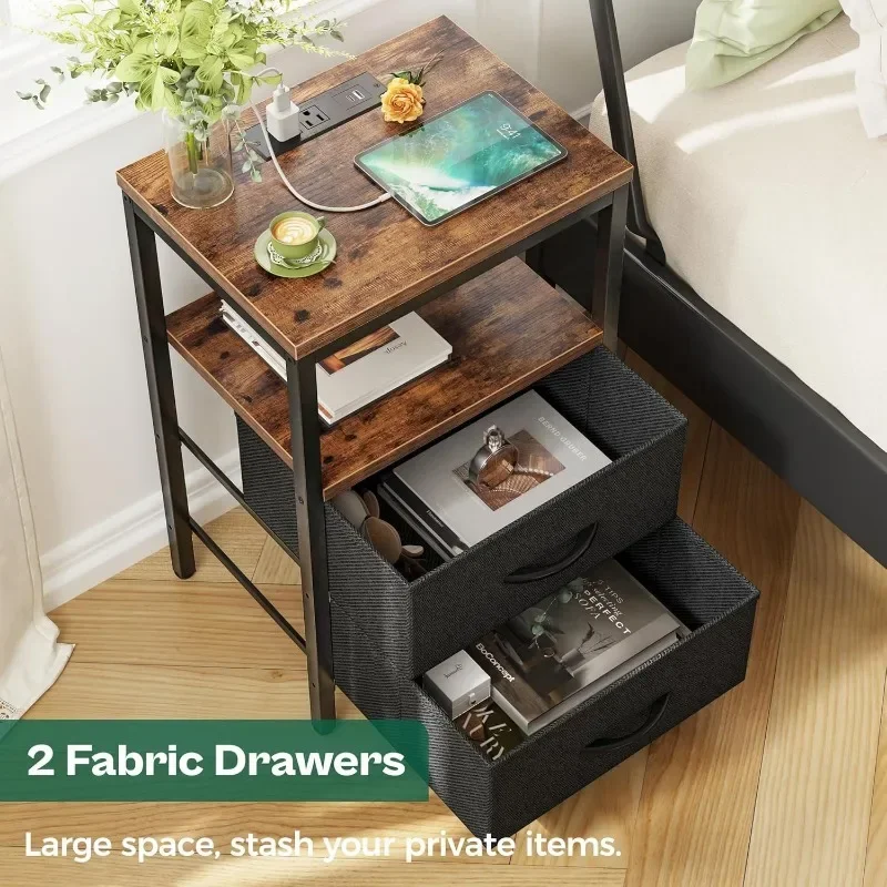 

Charging Station, Side Table with Fabric Drawers, End Table with Open Shelf, Bedside Table with USB Ports and Outlets