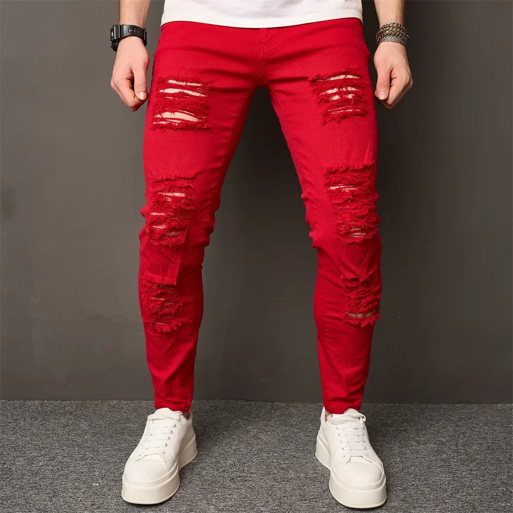 Men Streetwear Holes Stretch Skinny Jeans Trousers HipHop Distressed Stylish Male Jogging Slim Pencil Denim Pants