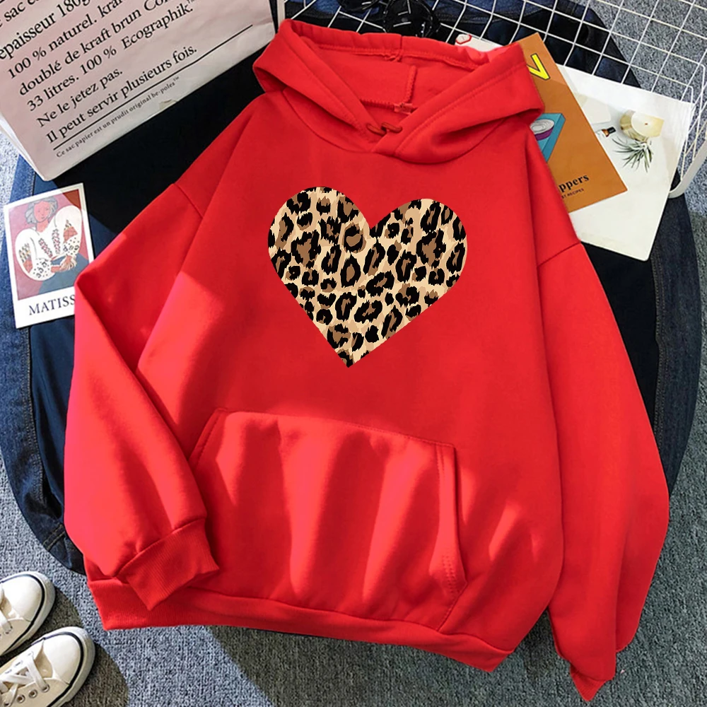 Creative Leopard Love Pattern Print Womens Hoody Loose Crewneck Hoodie Casual O-Neck Hoodies Breathable Fleece Sweatshirt Female