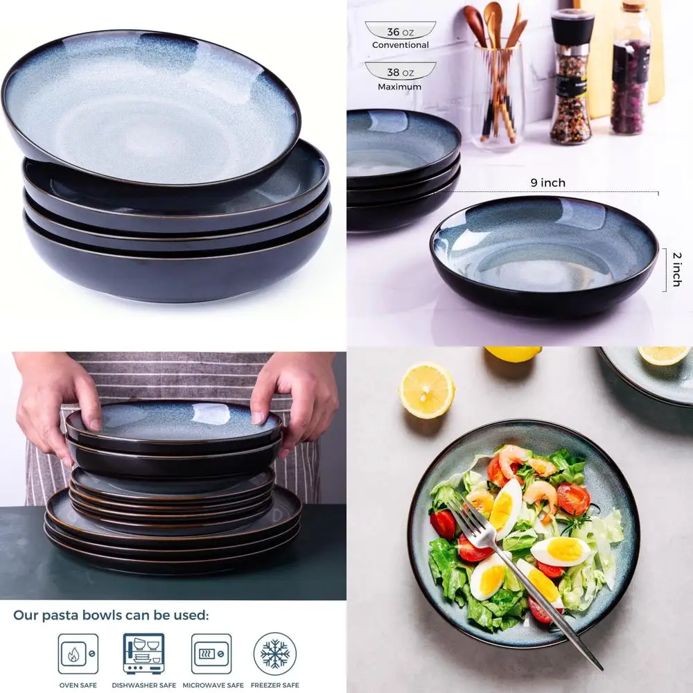 

pasta bowls,ceramic 38oz pasta bowls,9.0" reactive glaze pasta bowl set of 4,microwave & dishwasher,oven safe,large wide servin