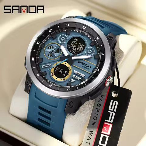 SANDA Men Sports Wristwatch TPU Strap 50M Waterproof Quartz Watch Dual Display LED Digital Luminous Male Clock Relogio Masculino