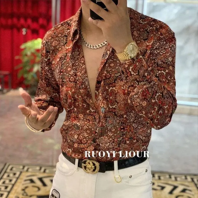 European Floral Shirt Couple Style Vintage Design Long Sleeve Beach Shirt Trendy Chic Base Layer