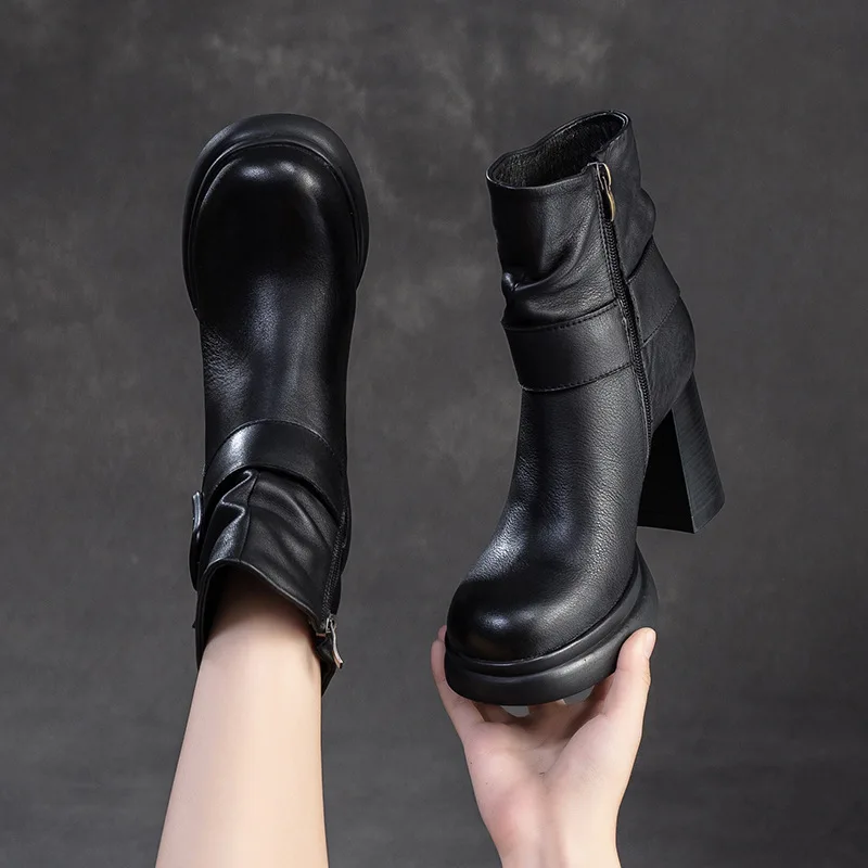 

2025 New Autumn Winter Thick Heel Ankle Boots Women Warm Boots Shoes Handmade Genuine Leather Zipper Retro Boots