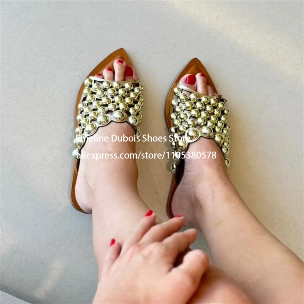 

Gold Metal Ball Decor Flats Slippers Almond Toe Slip on Mules Faux Leather Flat Women Summer Shoes for Party Date Streetwear