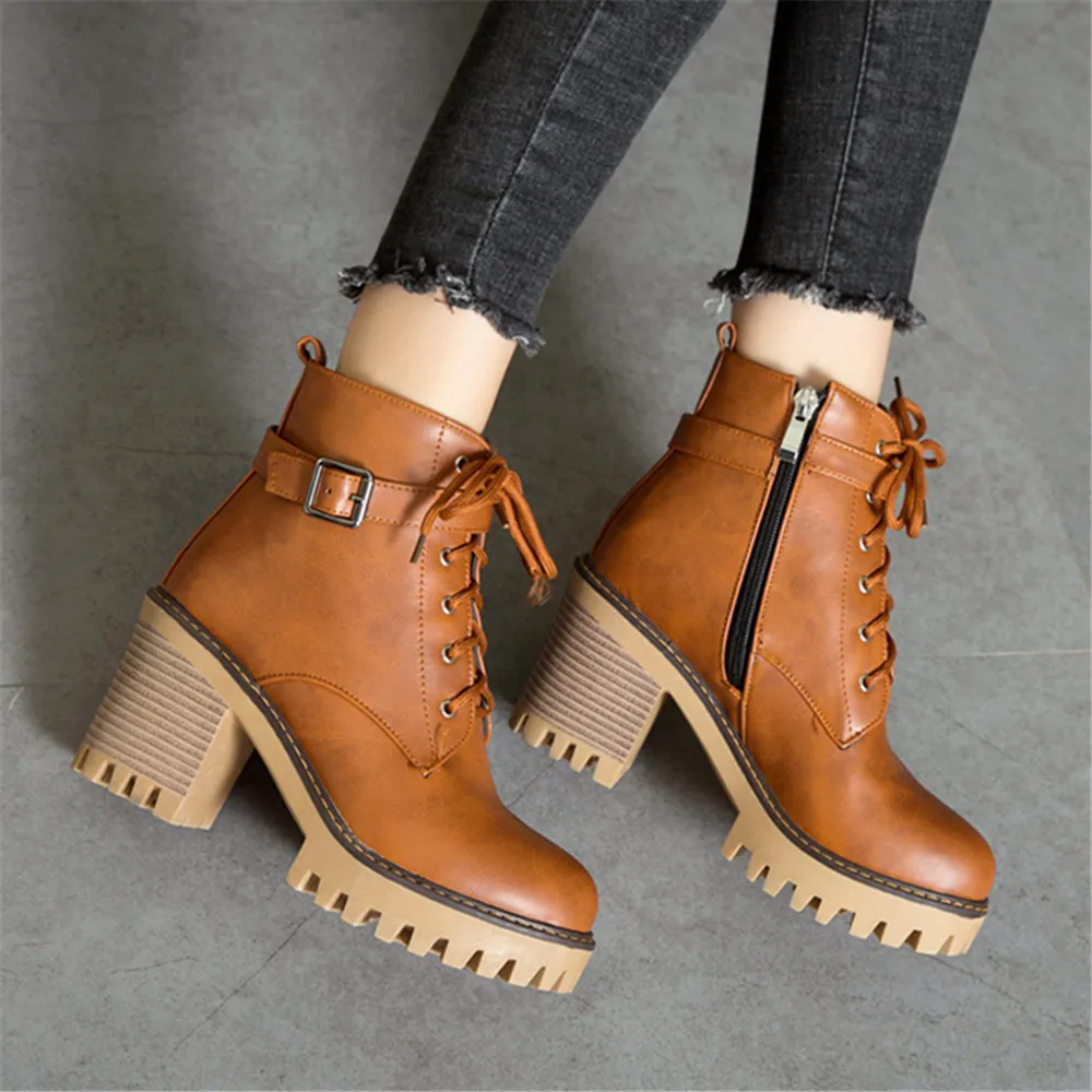 2024 Black Platform Ankle Boots Women Winter PU Leathe Lace-Up  Thick High Heels Motorcycle Botas Mujer Brown Yellow 33-43