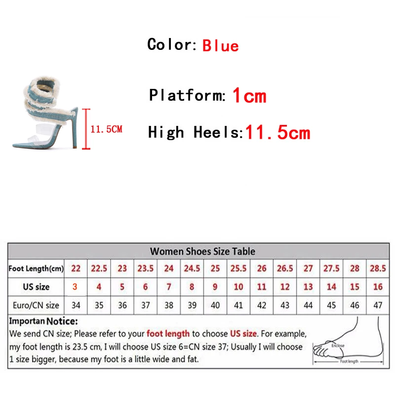 Liyke 2024 New Design Denim Ankle Snake Surround Strap Sandal Women Transparent PVC Summer High Heels Party Stripper Shoes Pumps