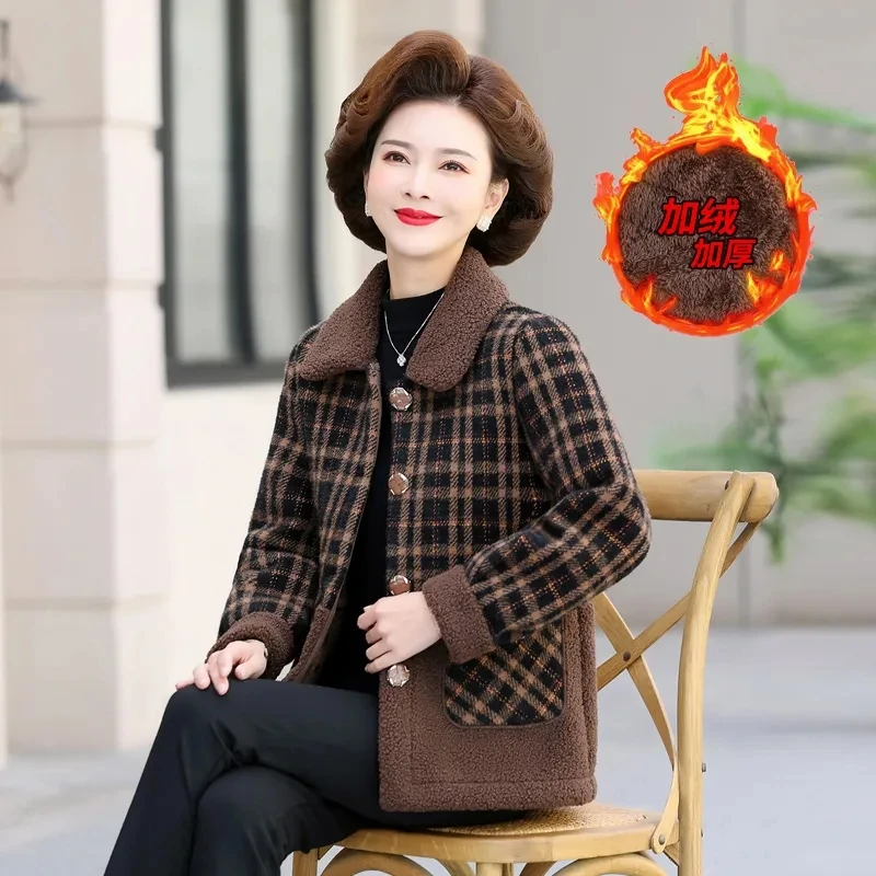 Middle-Aged Mother Autumn And Winter Add Velvet Padded Coat Middle-Aged And Elderly Women's Fashion Casual Winter Warm Coat Top