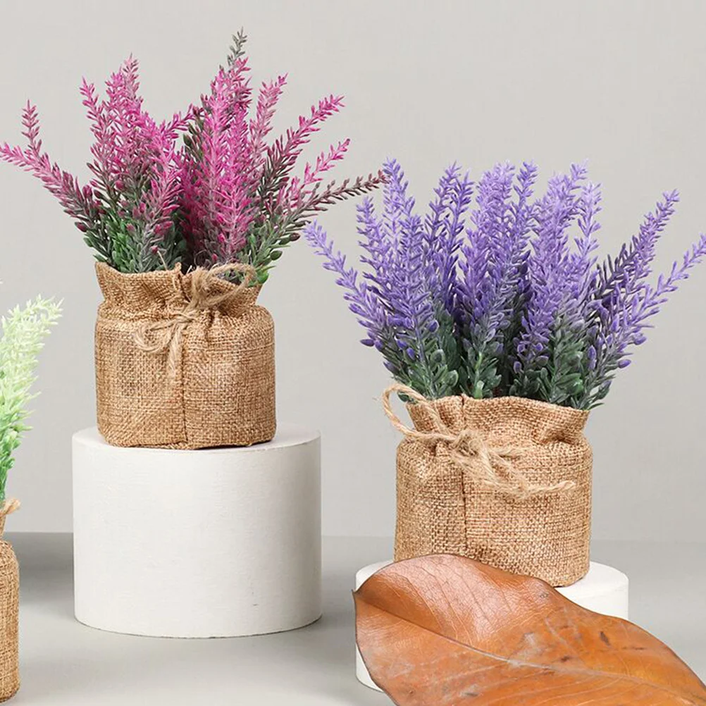 

4pcs Artificial Lavender Bonsai Plants Linen Pot Mini Fake Flowers Home Office Shop Desktop Ornament Realistic Simulation