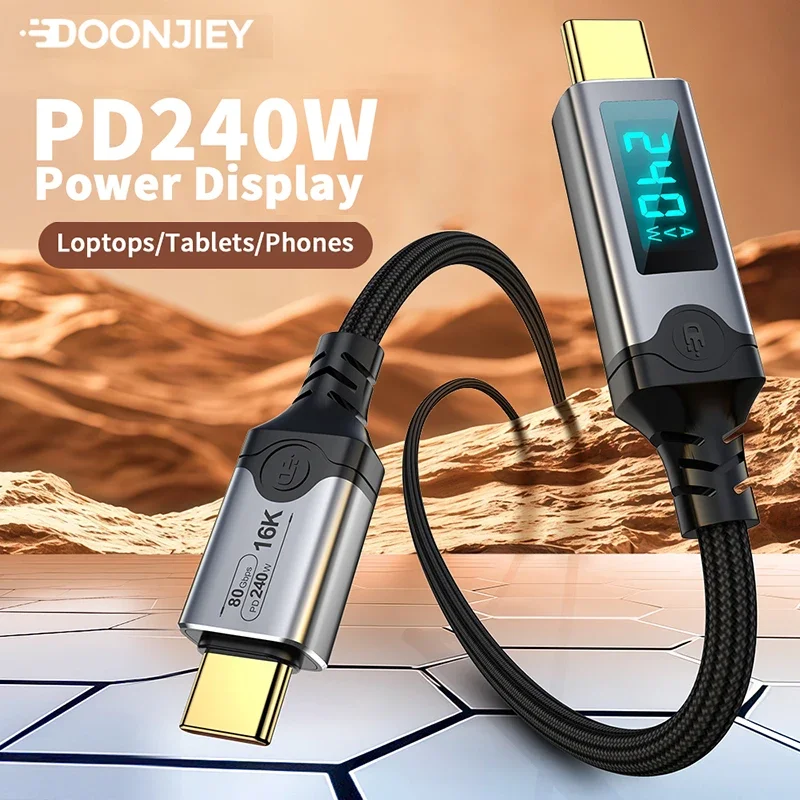 LED Thunderbolt 5 Cable 240W 16K@60Hz 80Gbps USB5 Type C Charge Data Audio Video Cable Compatible for MacBook, iPad, SSD, EGPU