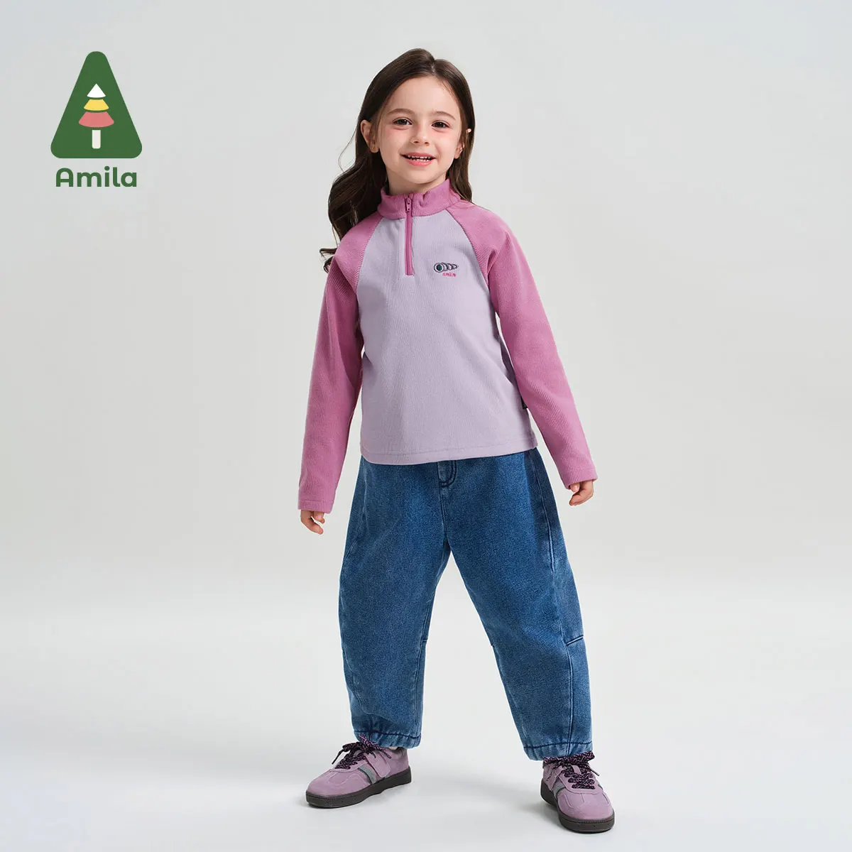 Amila Baby T-Shirt 2024 Winter New High Quality Contrast Color Half Turtleneck Vitality Casual Loose Warm Basic Children‘s Top